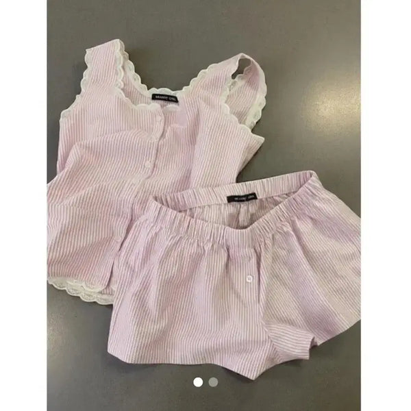 [BUNJANG] Frilled Lace Pajama Set - Striped / (새상품) 프릴 레이스 파자마 세트 스트라이프