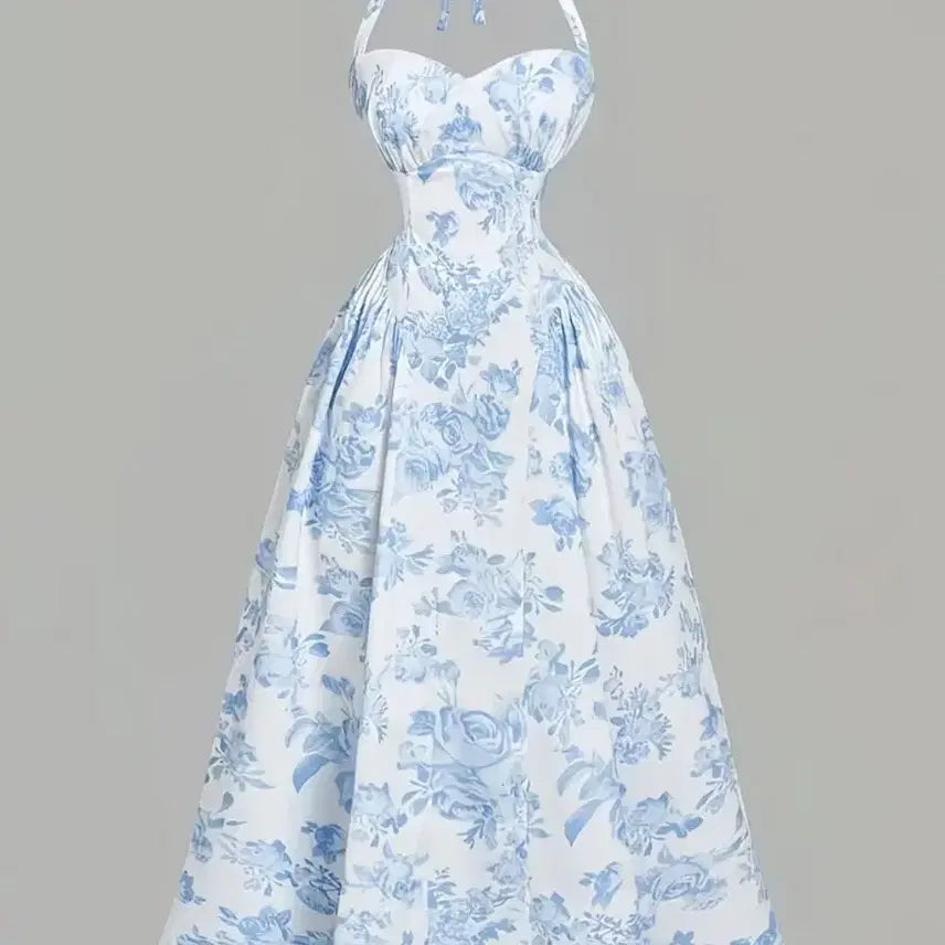 [BUNJANG] Blue Floral Halterneck Long Dress / 블루 플로럴 홀터넥 롱 원피스 새상품 55