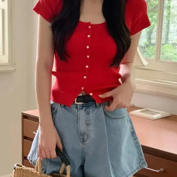 [BUNJANG] Ribbed Short Sleeve Cardigan - Red / 골지 반팔가디건 -레드