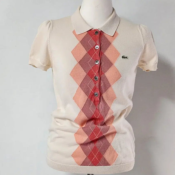 [BUNJANG] Lacoste Women's Argyle Pattern Short Sleeve Polo Knit Size 36 / 라코스테 여성 아가일 패턴 반팔 카라 니트 36