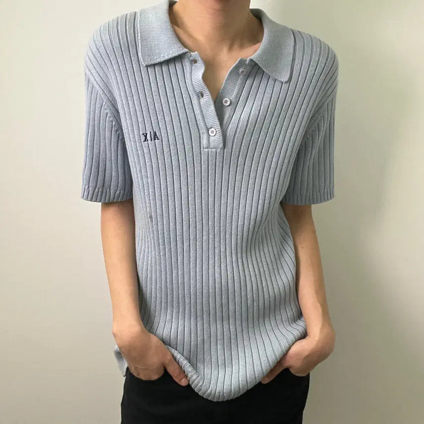 [BUNJANG] Armani Exchange Light Blue Ribbed Knit Short Sleeve Polo Shirt M / 아르마니 익스체인지 라이트 블루 골지 니트 반팔 폴로 셔츠 M