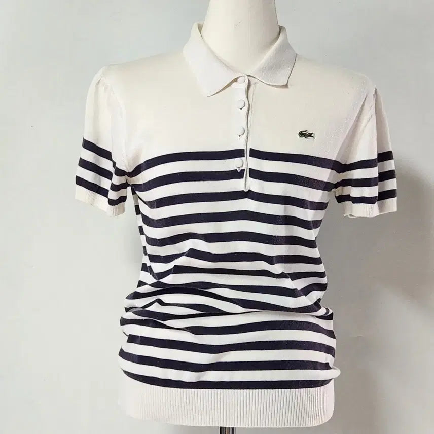 [BUNJANG] Lacoste Striped Short Sleeve Polo Knit Women's Size 36 / [정품] 라코스테 스트라이프 반팔 폴로 니트 여성 36