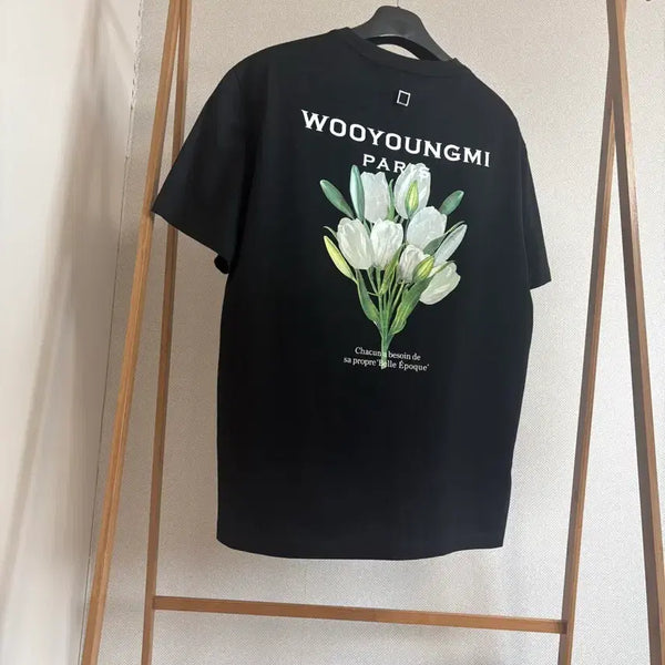[BUNJANG] Wooyoungmi Flower Print Back Logo T-shirt / 우영미 플라워 프린트 백로고 티셔츠