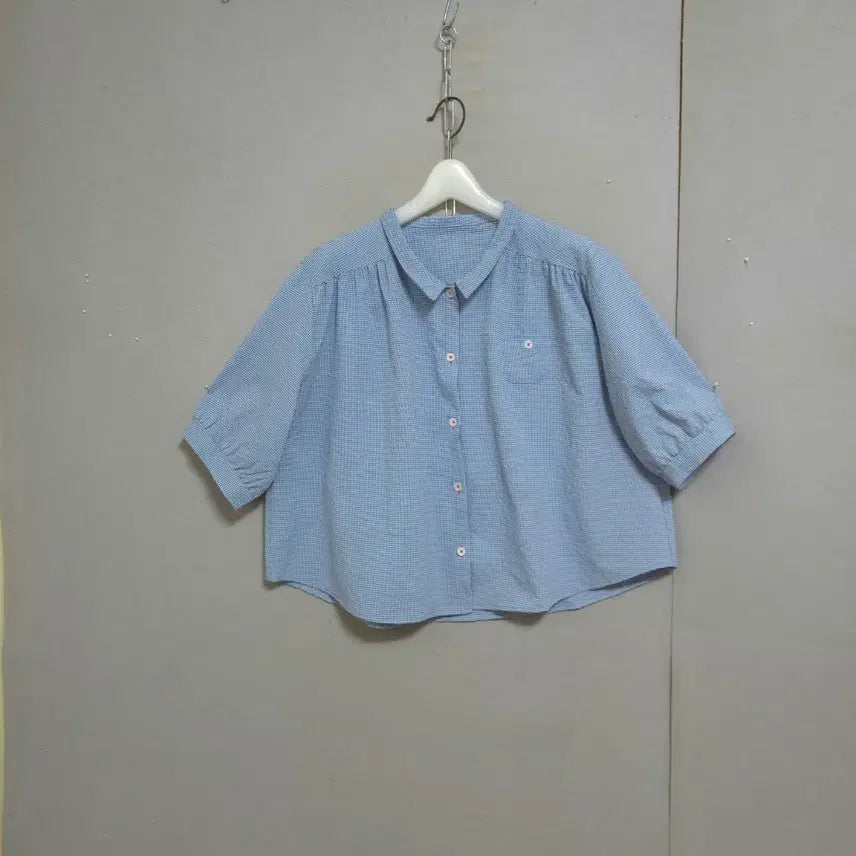 [BUNJANG] Blue Cotton Gingham Blouse / 지지미소재 시원한 블라우스 FF   n6057
