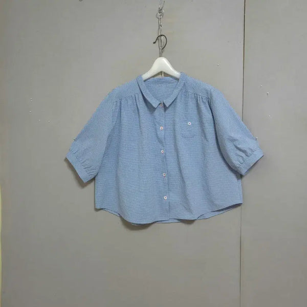 [BUNJANG] Blue Cotton Gingham Blouse / 지지미소재 시원한 블라우스 FF   n6057