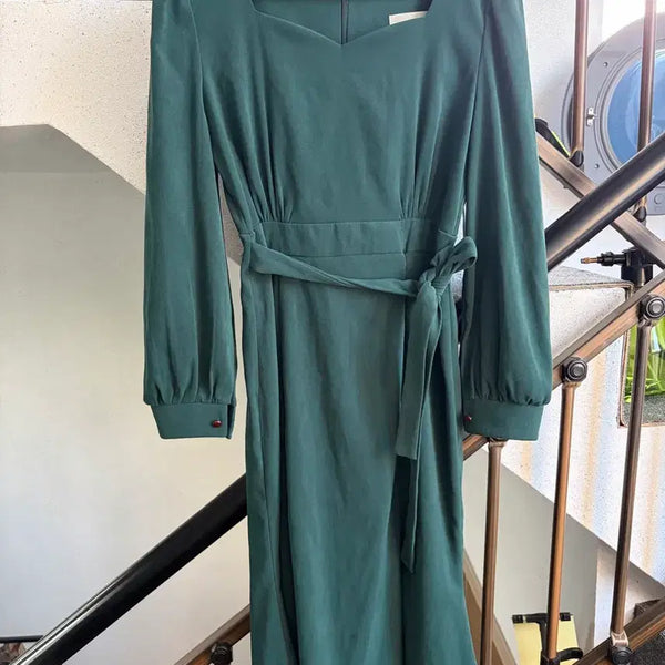 [BUNJANG] Belted Long Sleeve Dress - Green / 벨트 원피스 롱 슬리브 그린