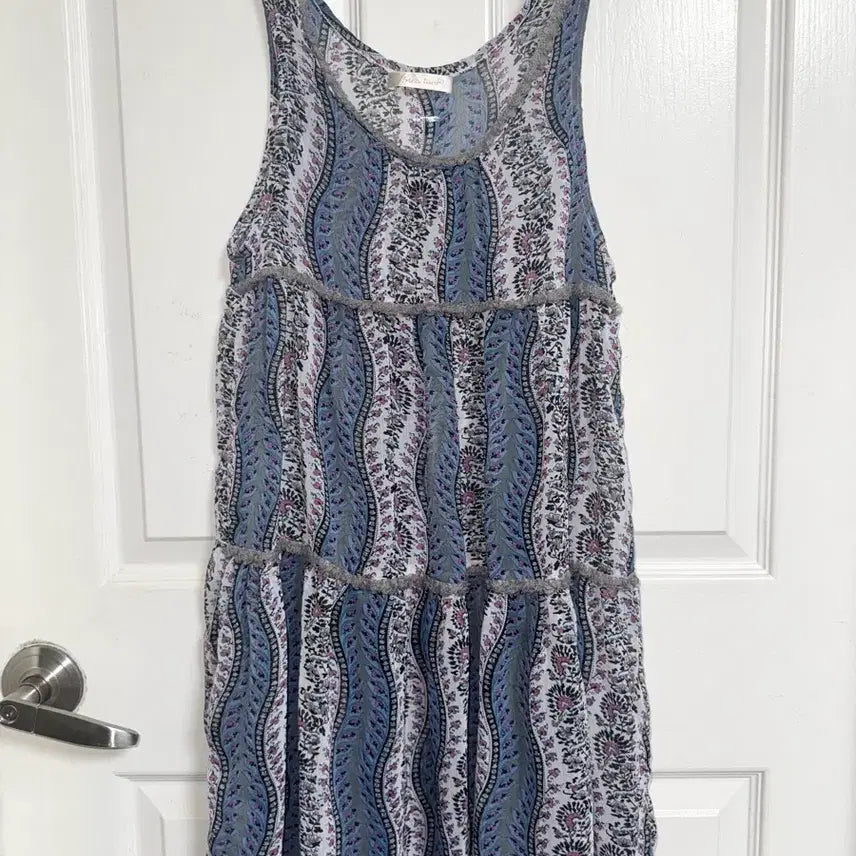[BUNJANG] Unique Blue and Grey Knit Trim Spaghetti Strap Maxi Dress / 하구미 나시 롱원피스