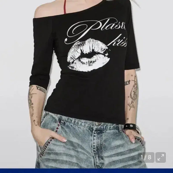 [BUNJANG] Fancy Club One Shoulder Black Short Sleeve T-Shirt / 팬시클럽 원숄더 검정 반팔티