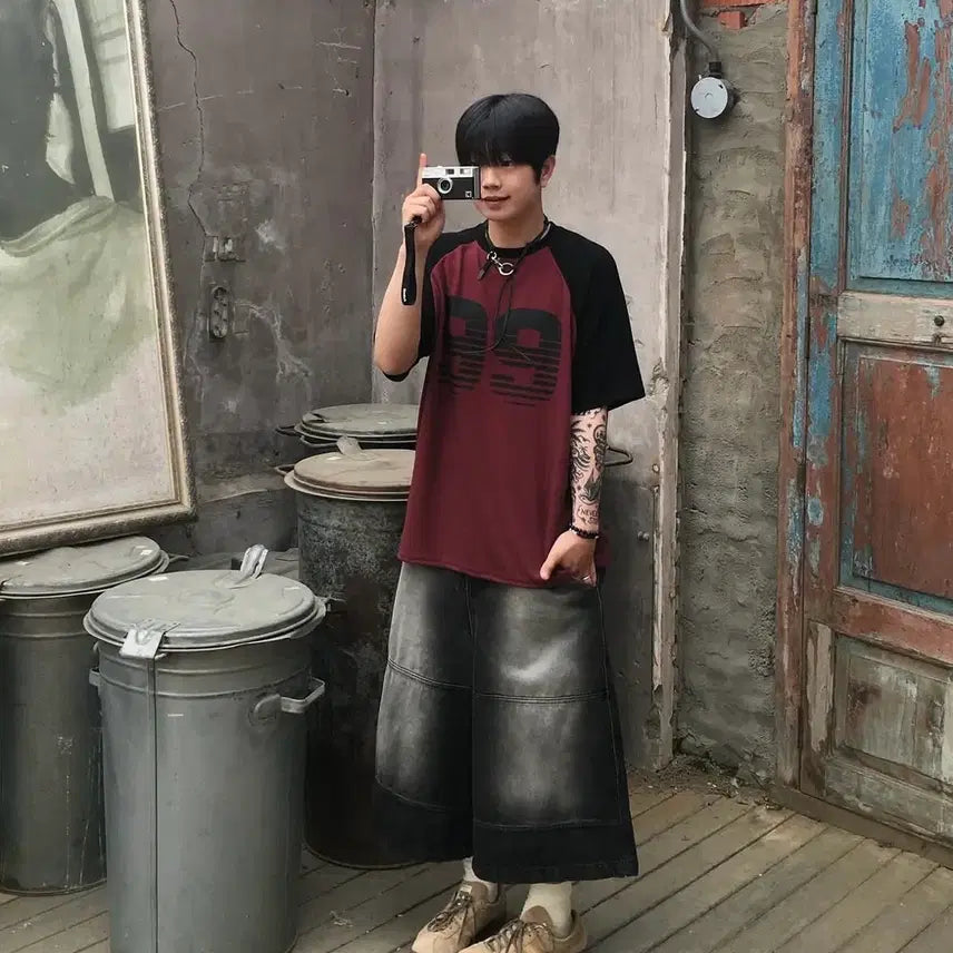 [BUNJANG] Two-tone Napa 99 Color-Block Raglan Knit Short-Sleeve T-Shirt / 투븐 나파 99 배색 나그랑 니트 반팔티 버건디