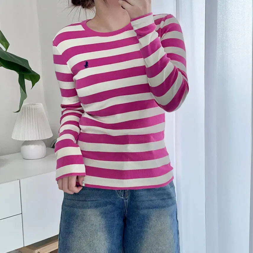 [BUNJANG] Polo Ralph Lauren Plume/Navy Pony Striped Long Sleeve T-Shirt (M) / 폴로 플럼 / 네이비포니 단가라 긴팔티 [ M ]
