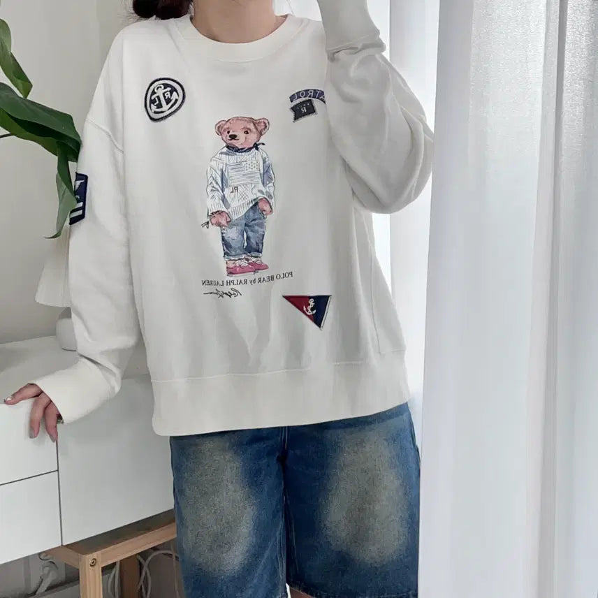 [BUNJANG] Polo Ralph Lauren White Patch Bear Crewneck Sweatshirt - Medium / 폴로 화이트 패치 베어 맨투맨 [ M ]