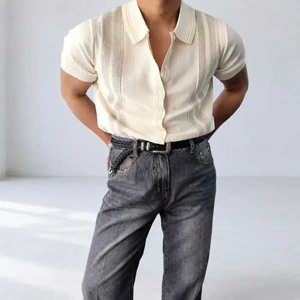[BUNJANG] Men's Color-Block Muscle Fit Knit Short-Sleeve Shirt / 남자 배색 머슬핏 니트 반팔 셔츠 3컬러