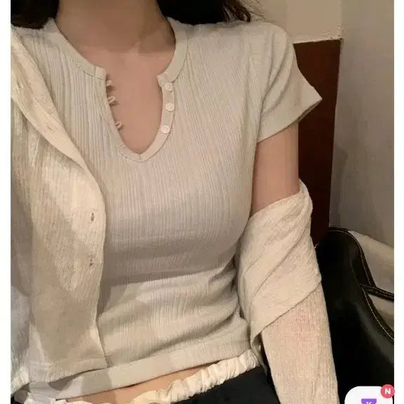 [BUNJANG] Young & Rich Button Short Sleeve T-Shirt (Gray) / 영앤리치 버튼 반팔티셔츠 (그레이, 회색)