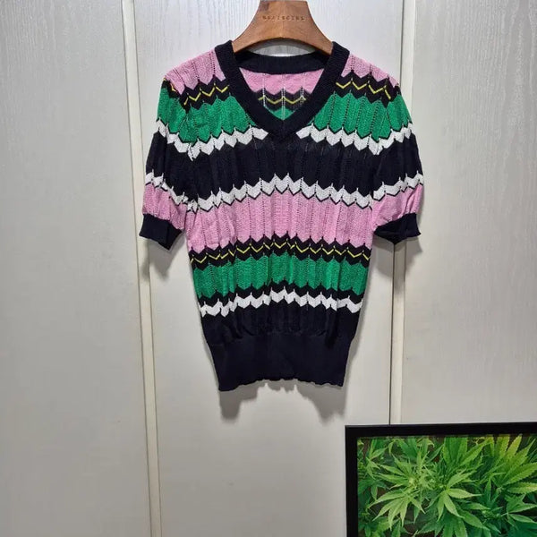 [BUNJANG] Pattern V-Neck Short-Sleeve Knit - Green / (세일) 패턴 브이넥 반팔 니트.그린