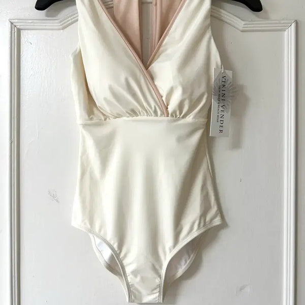 [BUNJANG] Bikini Vendor High-Quality One-Piece Swimsuit - Ivory/Pink Trim - Size S / 텍달린 새상품) 비키니벤더 고퀄 원피스형 수영복 S