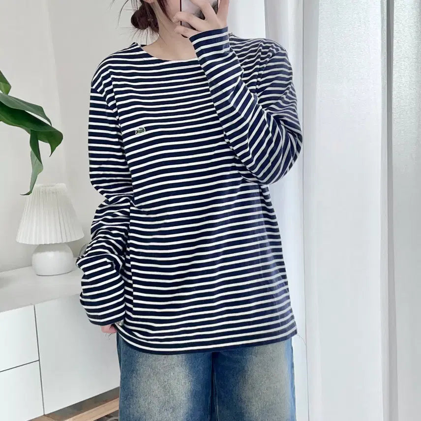 [BUNJANG] Lacoste Navy Striped Long Sleeve T-Shirt / 라코스테 네이비 단가라 긴팔티 [ L ]