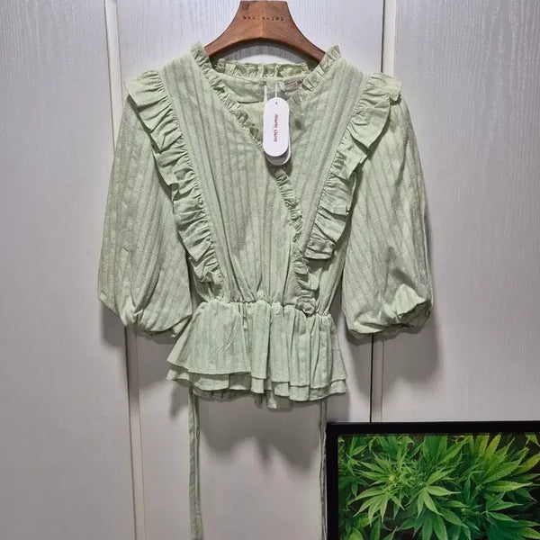 [BUNJANG] Marie Claire Frill Blouse (Mint Green) / (세일)(새상품)마리끌레르 프릴 블라우스 연두색