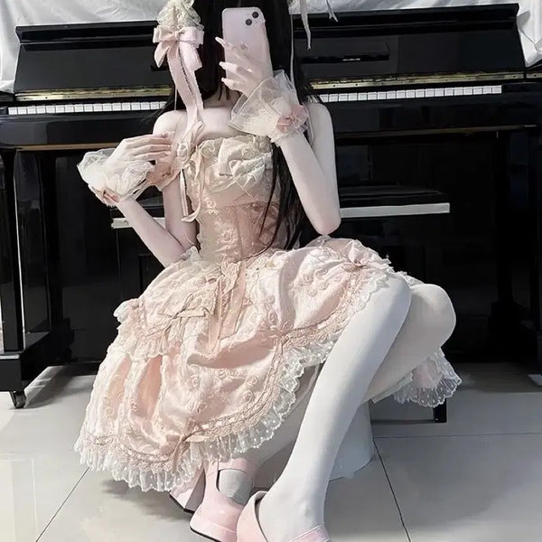 [BUNJANG] Pink Lolita Lace Floral Mini Camisole Dress / 핑크 로리타 레이스 꽃 장식 끈나시 미니 원피스