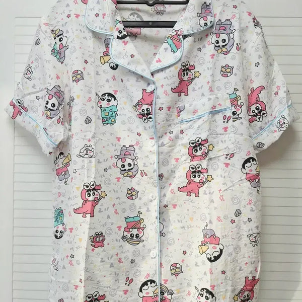 [BUNJANG] Crayon Shin-chan Character Short Sleeve Pajama Set / 짱구 잠옷 여성 캐릭터 반팔 반바지 여름 파자마 투피스 홈웨어 세트