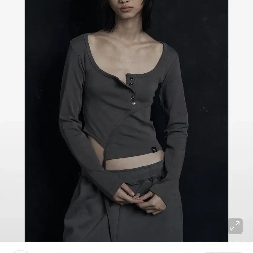 [BUNJANG] Synergy Asymmetrical Button Long Sleeve Charcoal / 시너진 언발란스드 버튼 롱슬리브 차콜