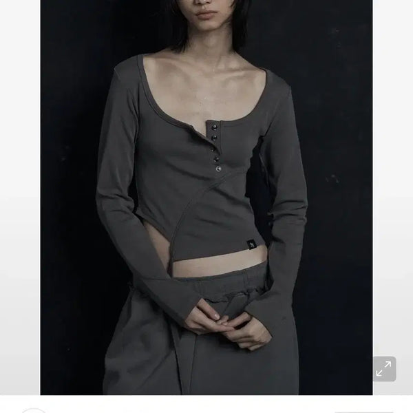 [BUNJANG] Synergy Asymmetrical Button Long Sleeve Charcoal / 시너진 언발란스드 버튼 롱슬리브 차콜