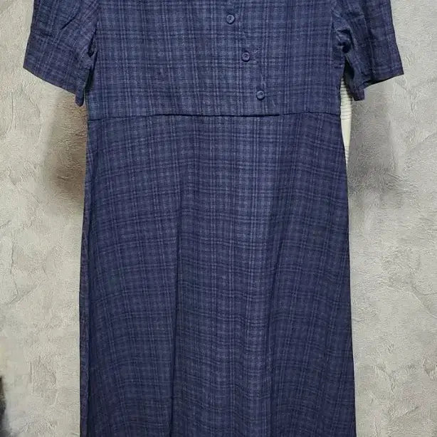 [BUNJANG] Navy Check Puff Sleeve Button Detail Long Dress / 몽돌원피스