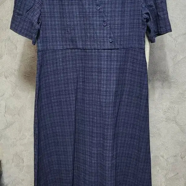 [BUNJANG] Navy Check Puff Sleeve Button Detail Long Dress / 몽돌원피스