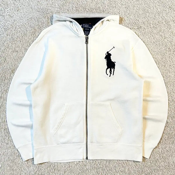 [BUNJANG] Polo Ralph Lauren Big Pony Logo Check Hoodie Zip White Women's L / [여성 L] 폴로 랄프로렌 빅포니 로고 체크 후드집업 화이트