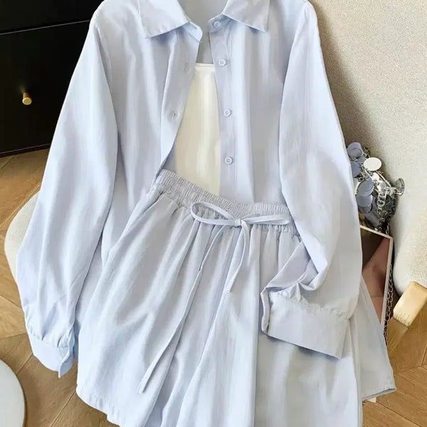 [BUNJANG] Sky Blue Shirt, Camisole, and Shorts Set (Size S) / 하늘색 셔츠 나시 반바지 세트S(새상품)