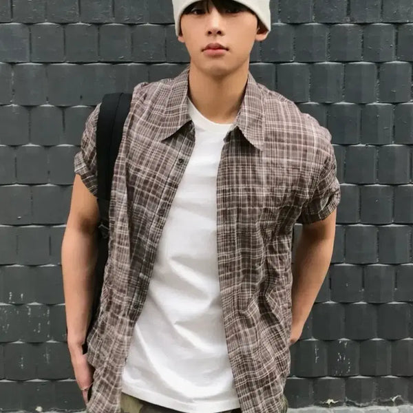 [BUNJANG] Vintage Wrinkle Check Short Sleeve Shirt [Brown] / 빈티지 링클 체크 반팔 셔츠 [브라운]