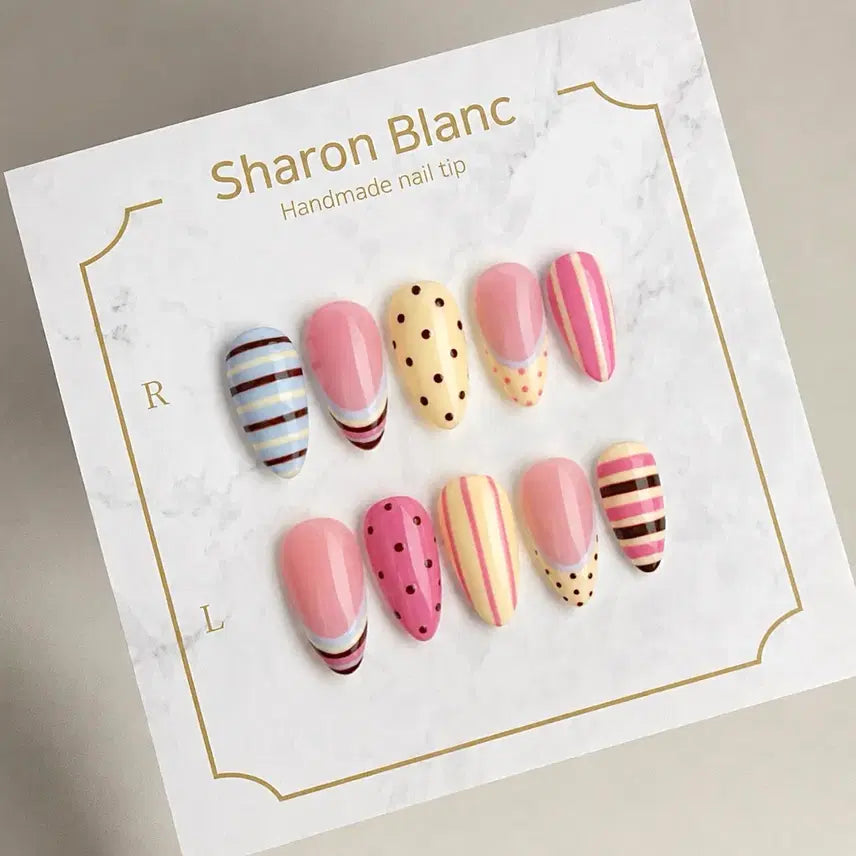 [BUNJANG] French Stripe & Dot Nail Tips - 15 Shapes Available / 프렌치 단가라 도트 네일팁 / 15종 쉐입