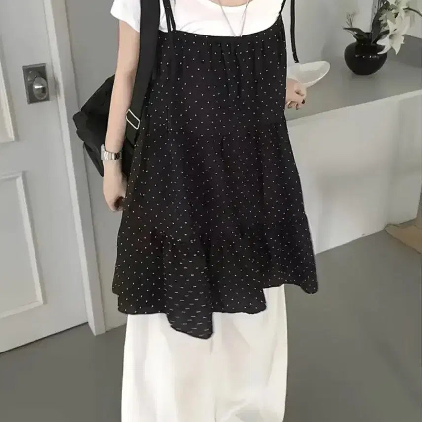[BUNJANG] Black Dot Sleeveless Layered Dress / [미착용/새상품] 블랙 도트 나시 레이어드 원피스 데일리 무채색