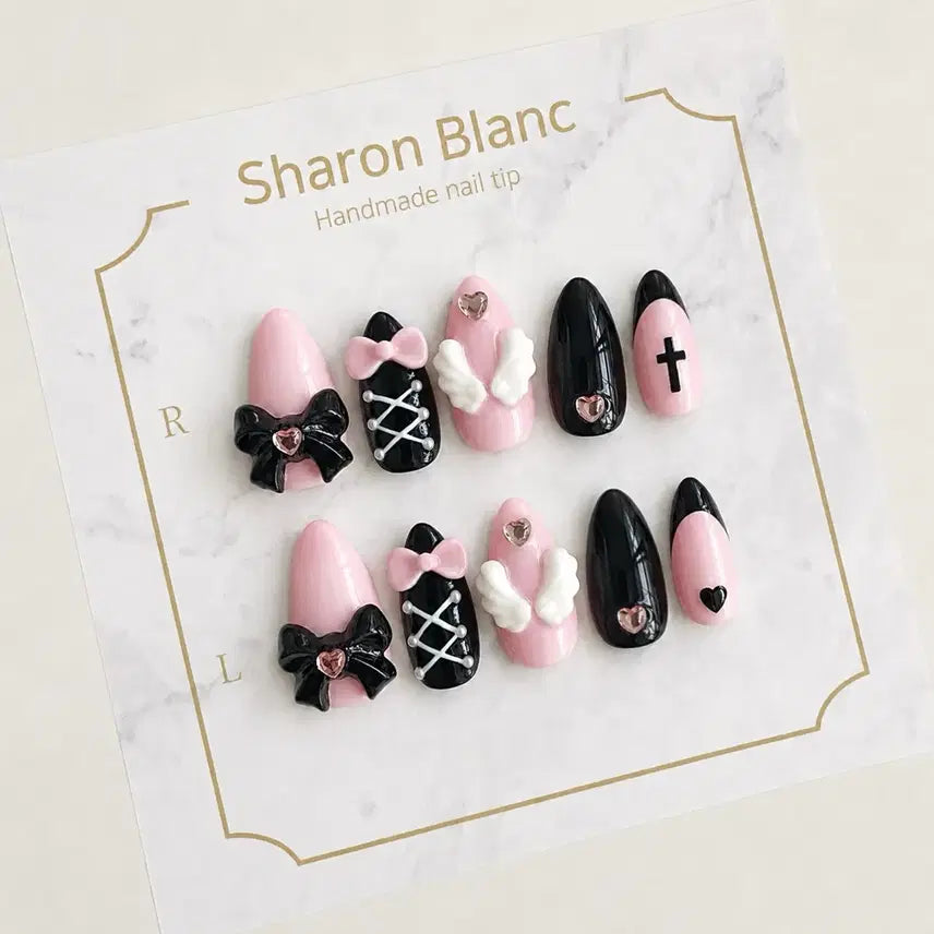 [BUNJANG] Sharon Blanc Angel Core Nail Tips Set - 15 Shapes / 핑크 스톤 엔젤코어 네일팁 / 15종 쉐입