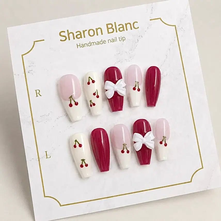 [BUNJANG] Sharon Blanc Red Cherry French Nail Tips / 레드 체리 프렌치 네일팁 / 15종 쉐입