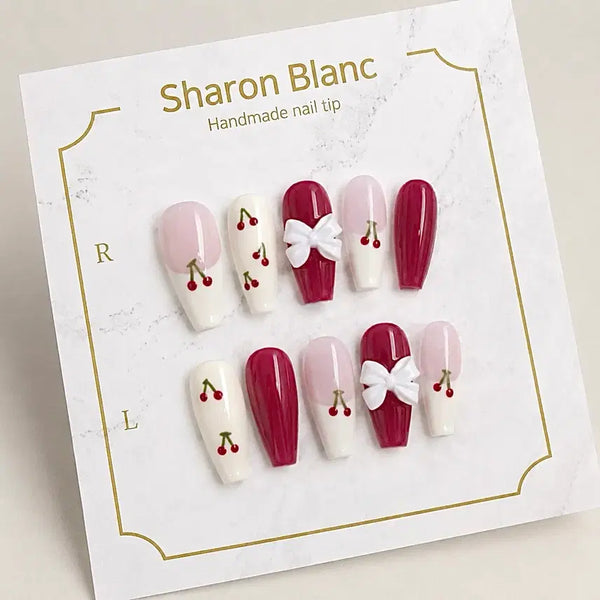 [BUNJANG] Sharon Blanc Red Cherry French Nail Tips / 레드 체리 프렌치 네일팁 / 15종 쉐입
