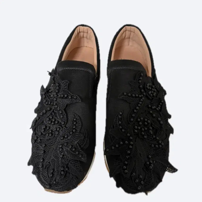 [BUNJANG] Zara Black Satin Beaded Lace Slip-on Shoes - Size 39 / (미착용) 자라 블랙 공단 비즈 레이스 슬립온 39