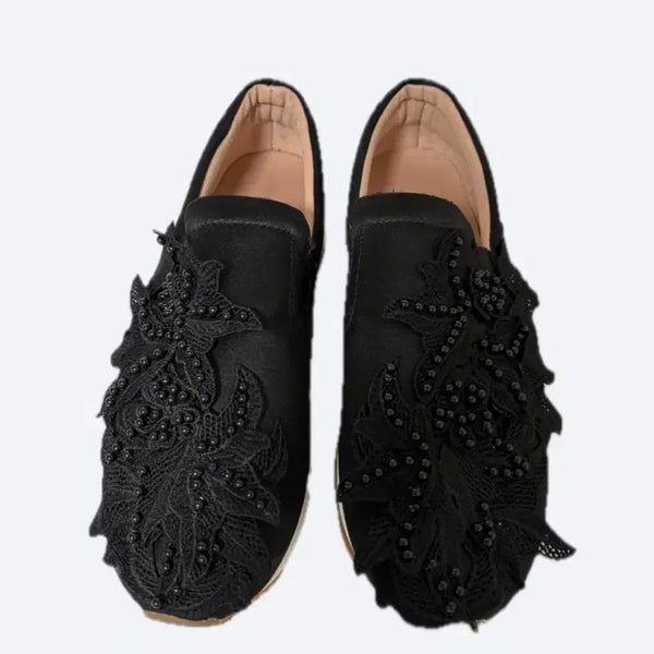 [BUNJANG] Zara Black Satin Beaded Lace Slip-on Shoes - Size 39 / (미착용) 자라 블랙 공단 비즈 레이스 슬립온 39