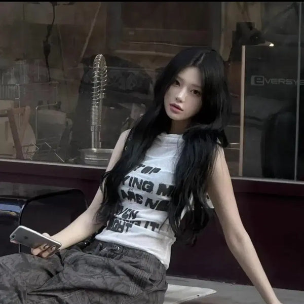 [BUNJANG] Aveil Birthday Eve See-through Lettering Hoodie Sleeveless Top / 에이블리 벌스데이이브 시스루 레터링 후디 나시