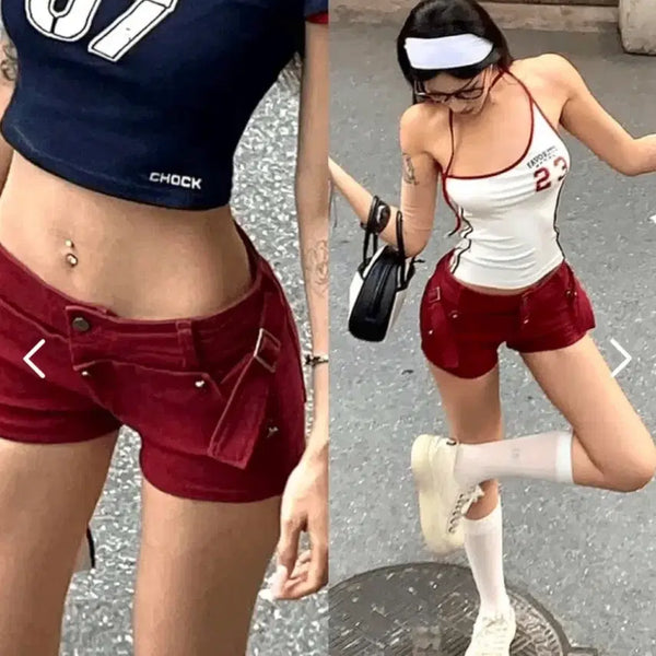 [BUNJANG] Red Burgundy Belted Shorts / 레드 버건디 벨트 숏팬츠