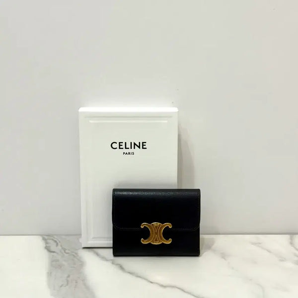 [BUNJANG] CELINE Triomphe Shiny Calfskin Compact Wallet Coin Black / 셀린느 컴팩트 월렛 코인 트리옹프 샤이니 카프스킨 카드지갑 블랙