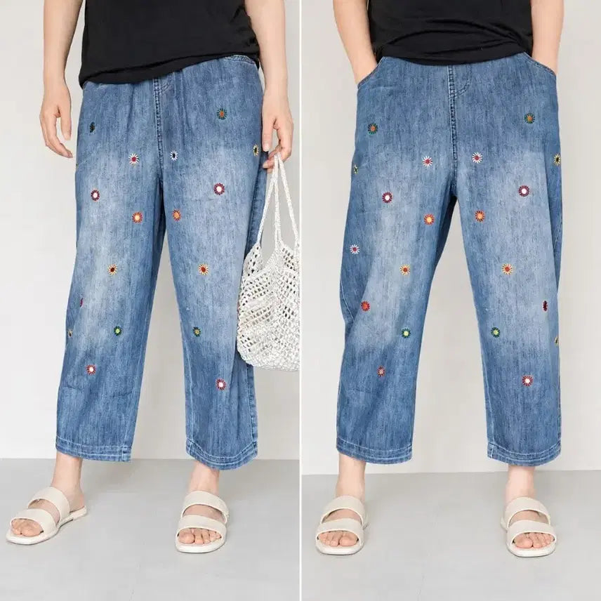 [BUNJANG] Daisy Flower Embroidered Denim Banding Wide Pants / 새상품] 데이지 꽃 자수 청 데님 밴딩 와이드 바지