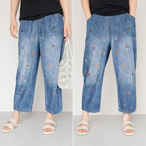 [BUNJANG] Daisy Flower Embroidered Denim Banding Wide Pants / 새상품] 데이지 꽃 자수 청 데님 밴딩 와이드 바지