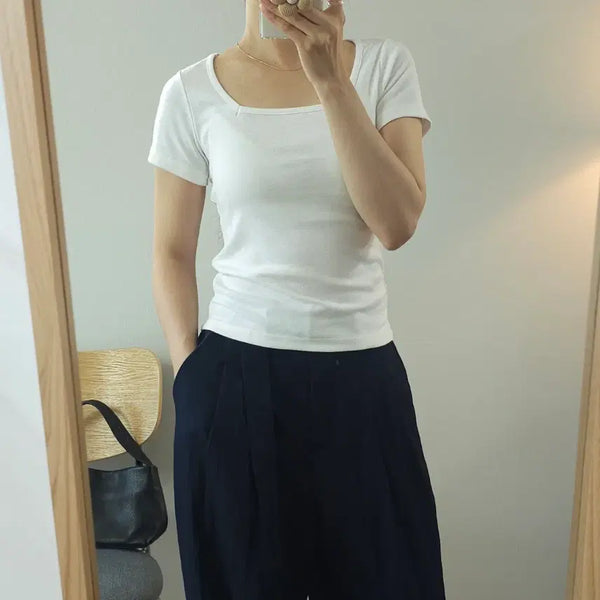 [BUNJANG] F PERBIT Women's Square Neck Short Sleeve T-Shirt White / (F)퍼빗 여성 반팔 티셔츠 스퀘어넥 화이트 W4116