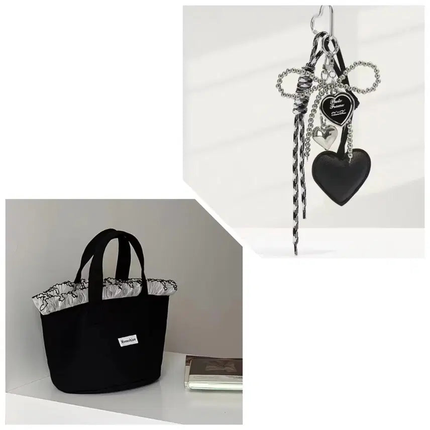 [BUNJANG] Black Frill Tote Bag with Heart Keyring / 블랙 프릴 토트백 + 하트 키링(새상품)