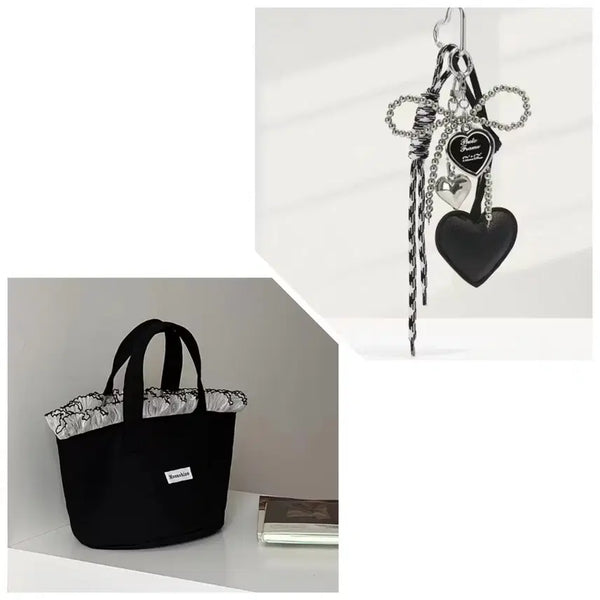 [BUNJANG] Black Frill Tote Bag with Heart Keyring / 블랙 프릴 토트백 + 하트 키링(새상품)