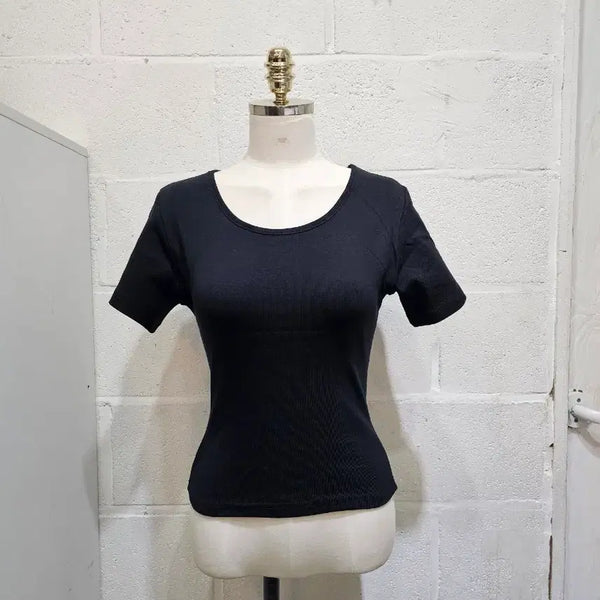 [BUNJANG] Round Basic Short Sleeve T-Shirt - Black / 허리라인 라운드 기본 반팔- 블랙