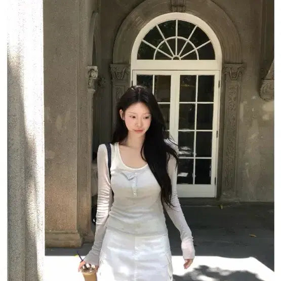 [BUNJANG] TheWish Leeds Baby Button Layered T-Shirt Mélange Gray / 더위시 leeds 샵리즈 베이비 버튼 레이어드티 baby