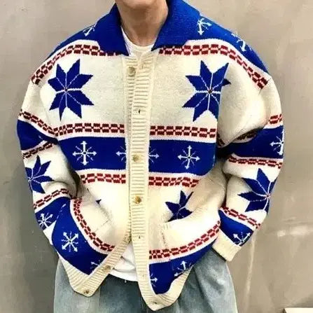 [BUNJANG] Loose Fit Heavy Cowichan Snowflake Color Block Men's Winter Knit Cardigan / 루즈핏 헤비 코위찬 눈꽃 배색 남자 겨울 니트 카라 가디건