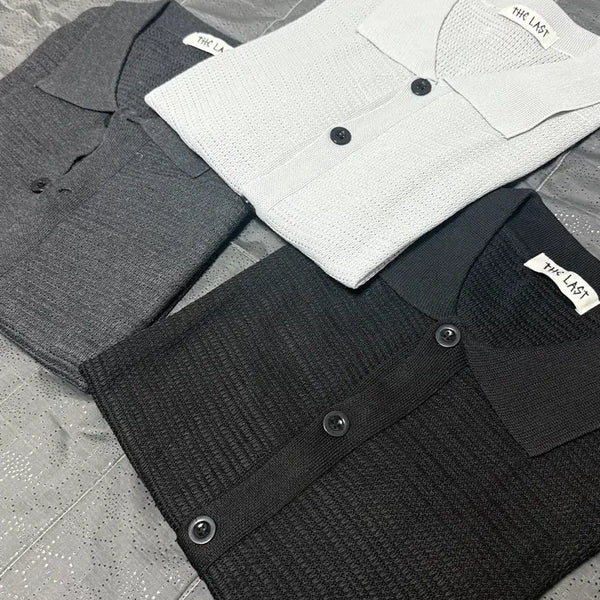 [BUNJANG] Short Sleeve Collar Knit Cardigan - Black, Melange, Charcoal / (새상품)반팔 카라 니트 가디건 검정/멜란지/차콜