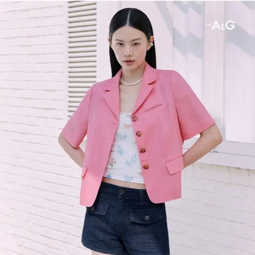 [BUNJANG] The Atchiz Pink Short-Sleeve Jacket / 더앳지 핑크 반팔 자켓